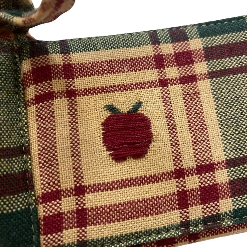 Farmhouse Country Fabric Cloth Bread/Fruit Basket Side Ties Square Plaid Apples